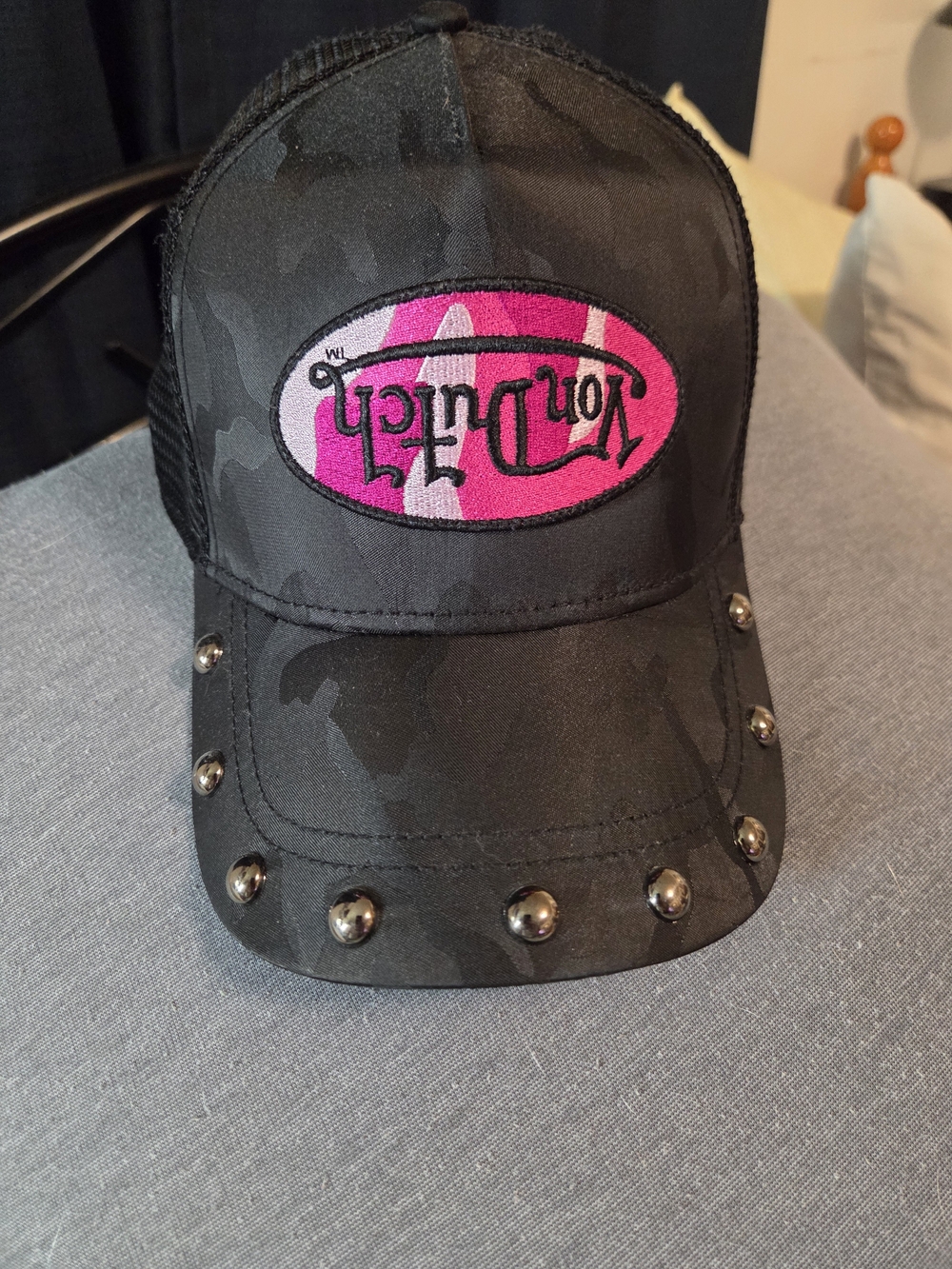 Von Dutch Black Camo Trucker Cap with Pink Logo Patch and Silver Studs